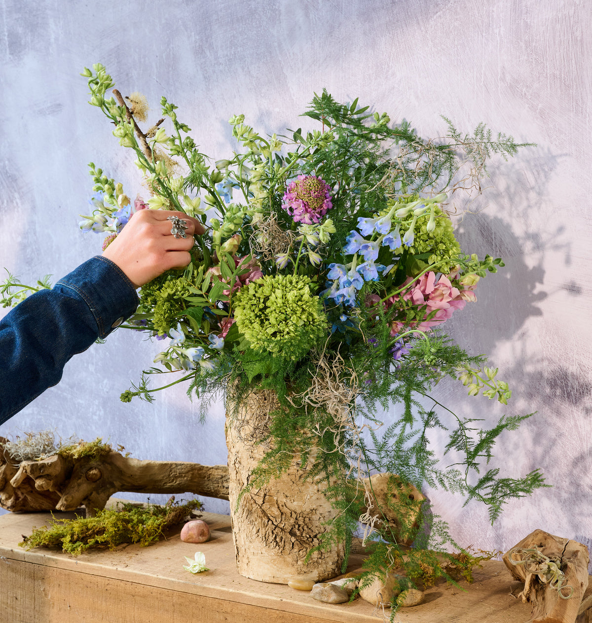 Large Meadow arrangement in a birch vase, wildflower blooms
