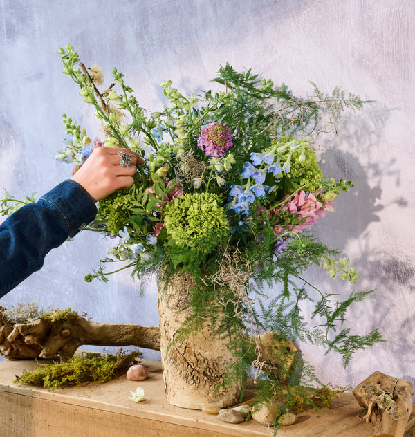 Large Meadow arrangement in a birch vase, wildflower blooms