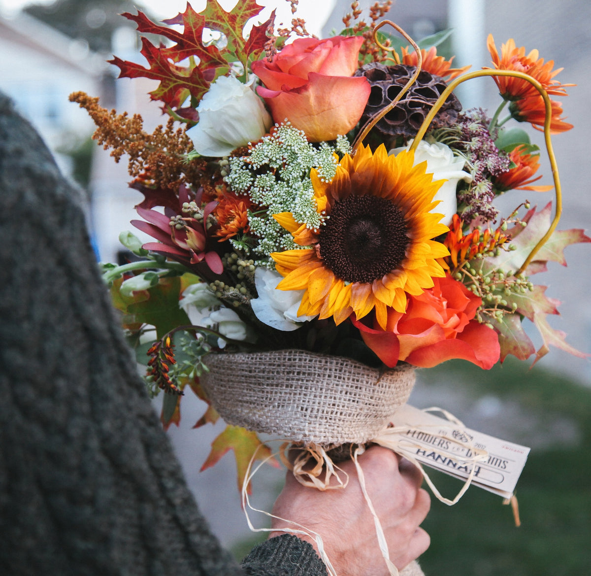 Fall bouquet with sunflower and autumn foliage from Flowers for Dreams subscription
