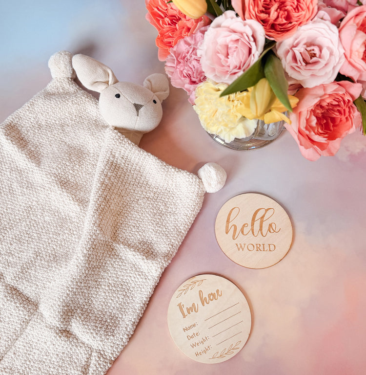 Baby items including a plush bunny, blanket, and 'hello world' cards with flowers in the background.
