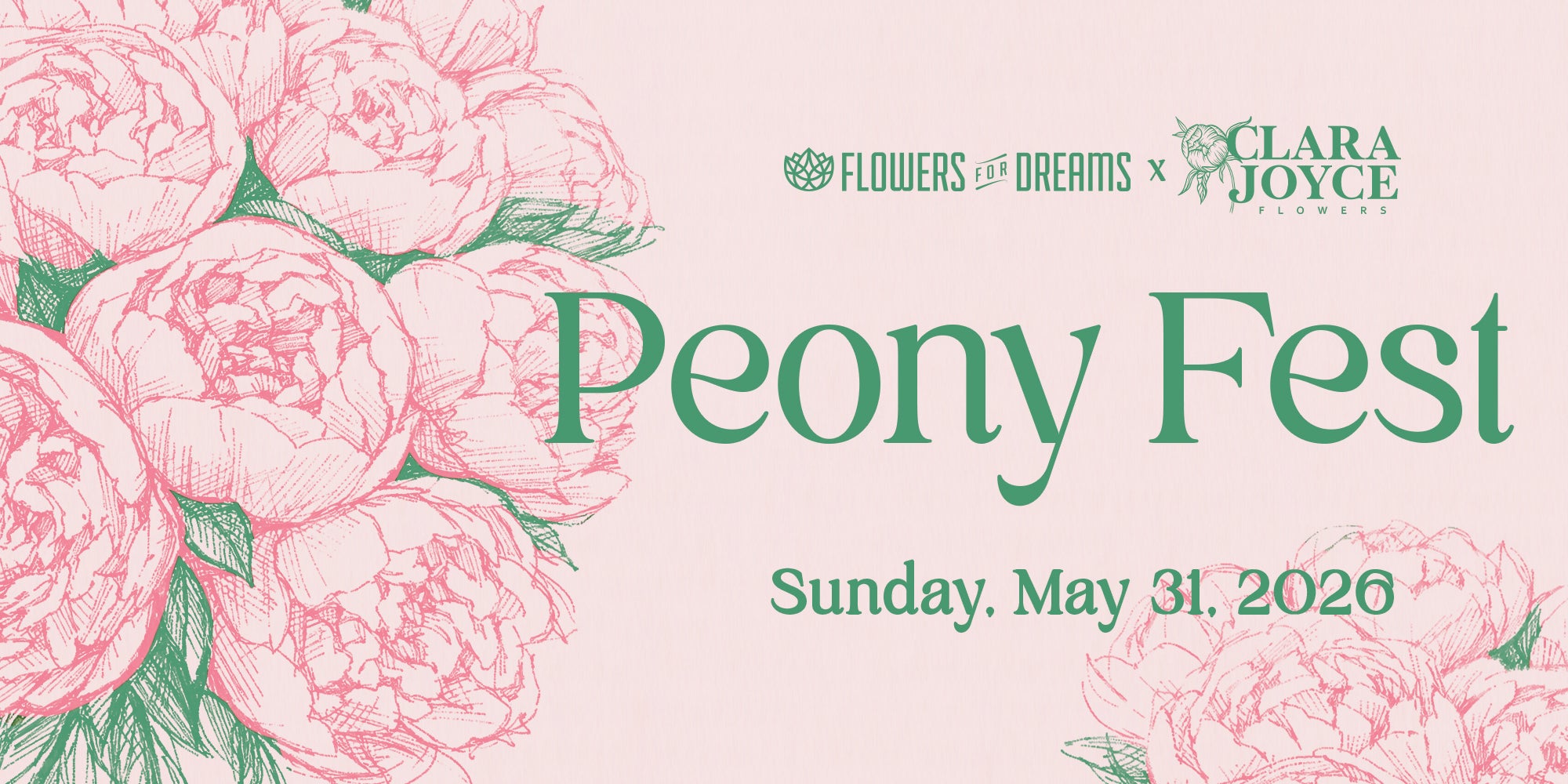 Promotional banner for Peony Fest with pink peonies and event details.